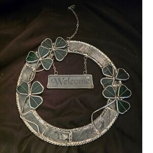Stained Glass Wreath Suncatcher Green Shamrocks Welcome Sign Irish Decor 8.5in